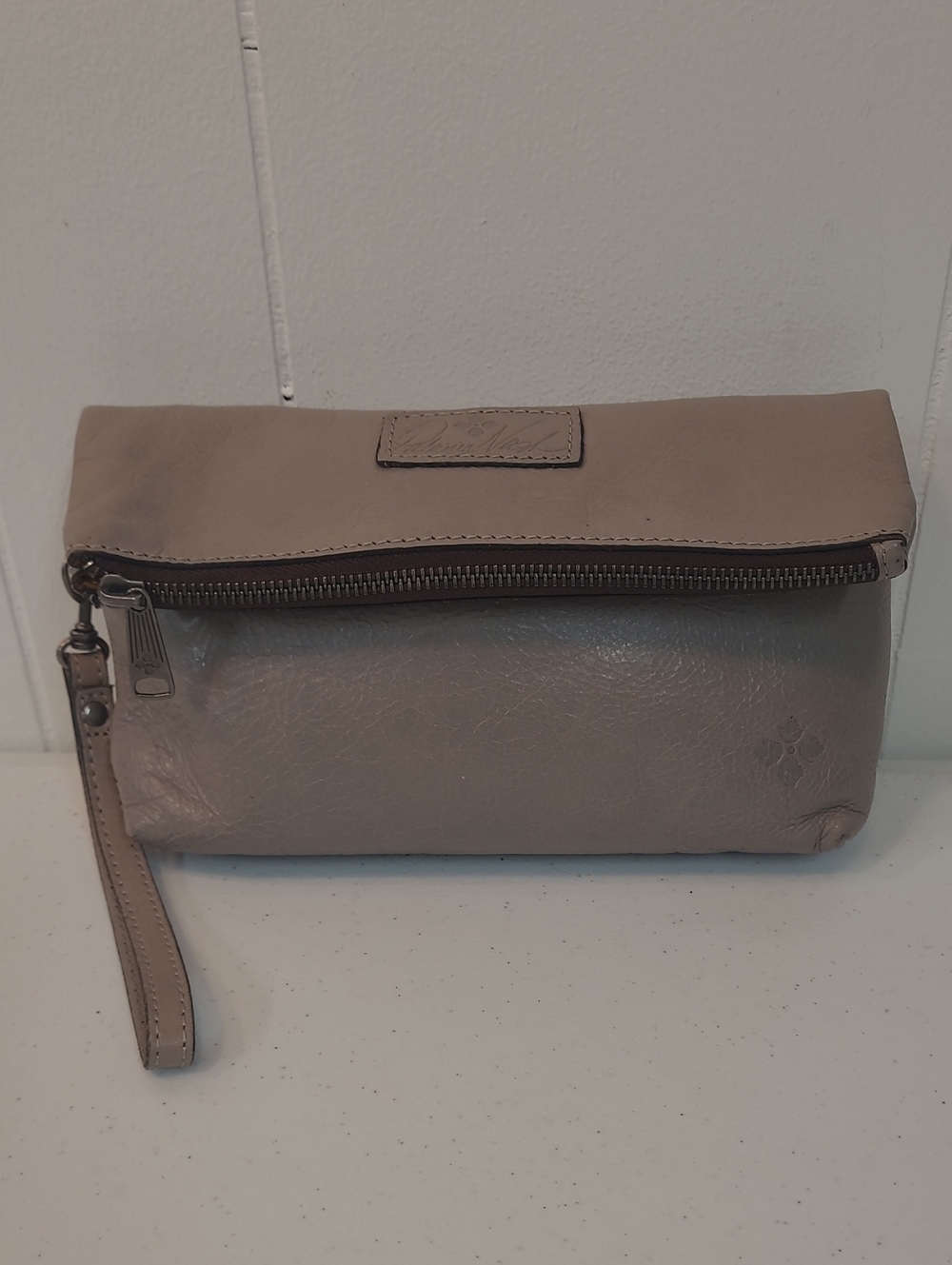 Patricia Nash Stone Gray Fold-Over Leather Wristlet Clutch w/ Suede Interior
